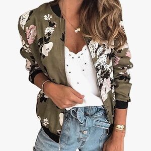 Women's Casual Floral Zip Up Bomber Jacket